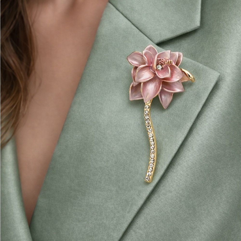 Pink Flower Gold Crystal Brooch